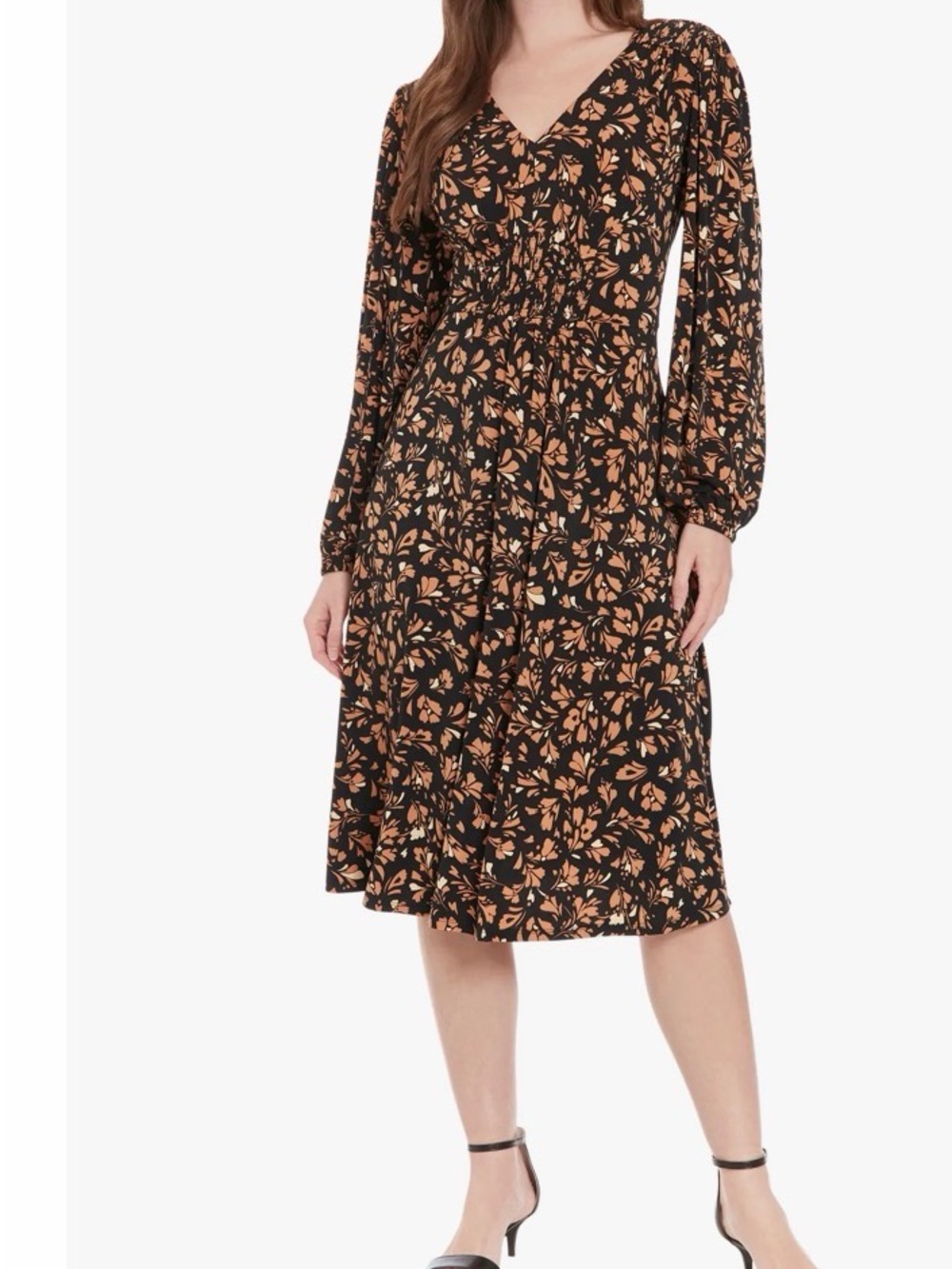 London Times Black Floral Midi Dress with Long Sleeves and V-Neckline